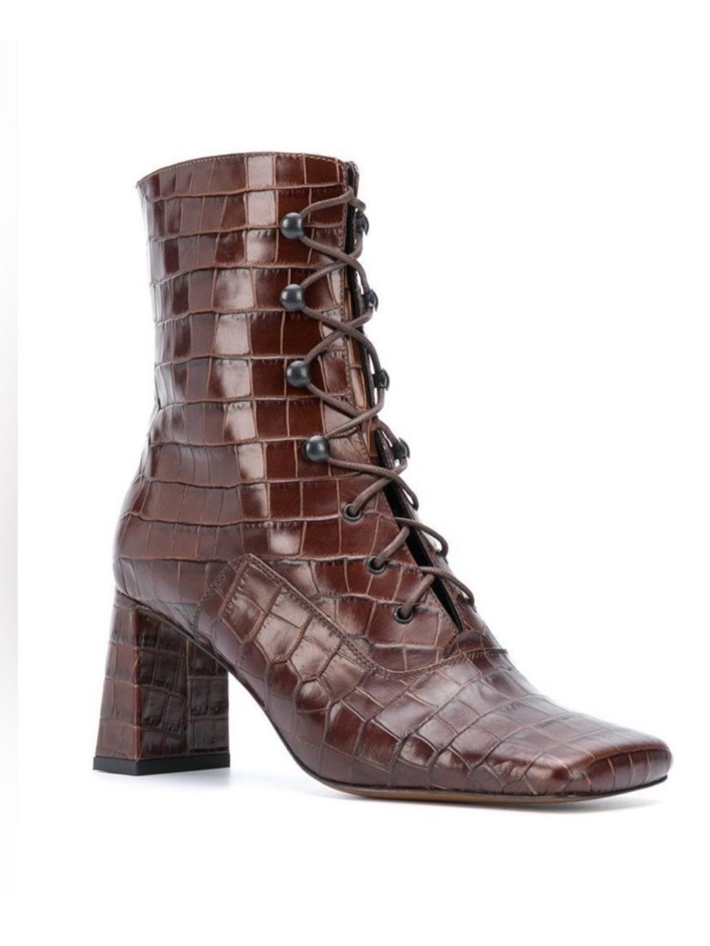 BY FAR Brown Croc Square Toe Lace Up Ankle Boots